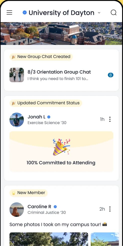A college feed on MeetYourClass with a new group chat and a commitment update