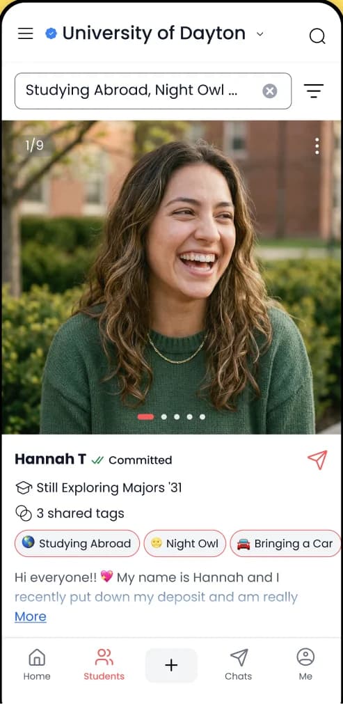 The MeetYourClass roommate finder showing a committed student's profile
