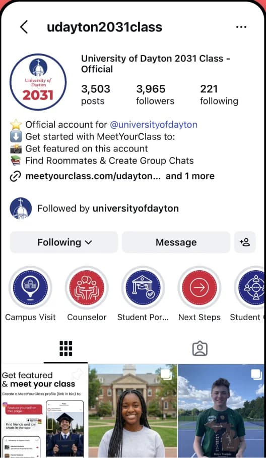 A university class of 2031 Instagram page run with MeetYourClass