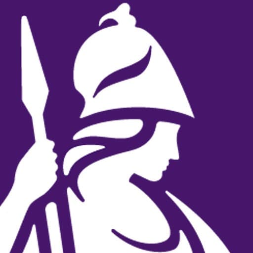 A stylized figure of a warrior holding a spear, representing strength and education, suitable for a college campus theme.