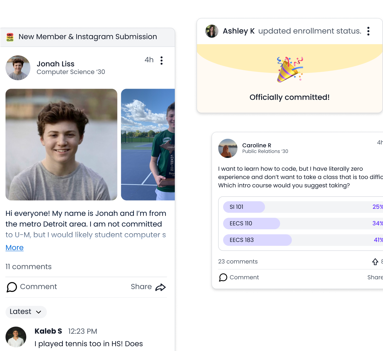 MeetYourClass social feed showing student posts and updates