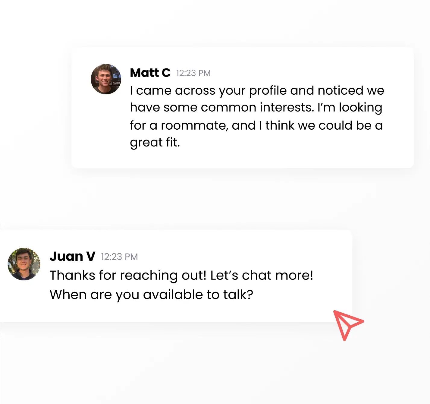 Two college students messaging on MeetYourClass, discussing common interests and finding potential roommates.